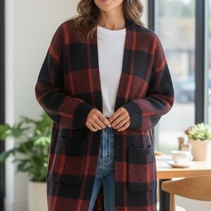 Atmosphere Rust Red & Black Plaid Open-Front Cardigan Small